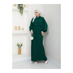 ETEĞİ PLİSELİ  GÖMLEKLI YAKA TESETTÜR TAKIM YEŞİL