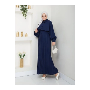 ETEĞİ PLİSELİ  GÖMLEKLI YAKA TESETTÜR TAKIM LACİVERT