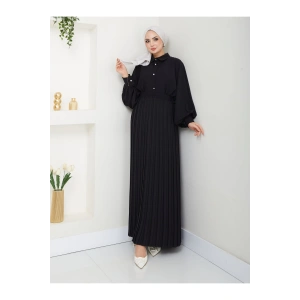 ETEĞİ PLİSELİ  GÖMLEKLI YAKA TESETTÜR TAKIM SİYAH
