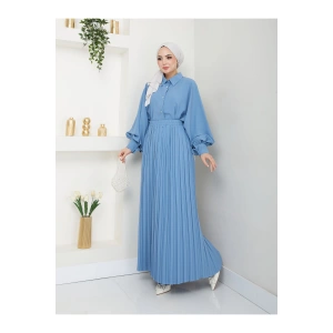 ETEĞİ PLİSELİ  GÖMLEKLI YAKA TESETTÜR TAKIM MAVİ