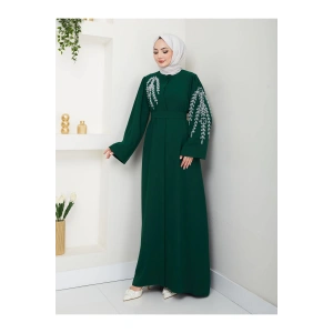 TAŞLİ ABAYA TESETTÜR GIYIM KADIN FERACE ELBISE ZÜMRÜT