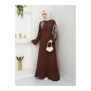 TAŞLİ ABAYA TESETTÜR GIYIM KADIN FERACE ELBISE KAHVE
