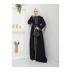 NAKIŞLI ABAYA TESETTÜR GIYIM KADIN FERACE ELBISE SİYAH