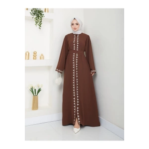 NAKIŞLI ABAYA TESETTÜR GIYIM KADIN FERACE ELBISE KAHVE