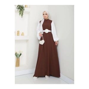 KADIN TESETTÜR KOLU BEYAZ ELBİSE ÇİÇEKLİ TOKA KAHVE ELBİSE