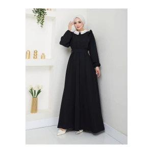 KADIN TESETTÜR YAKASI NAKİŞLİ ELBİSE SİYAH
