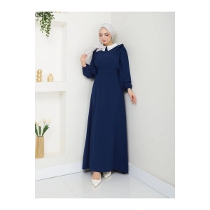 KADIN TESETTÜR YAKASI NAKİŞLİ ELBİSE LACİVERT