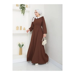 KADIN TESETTÜR YAKASI NAKİŞLİ ELBİSE KAHVE