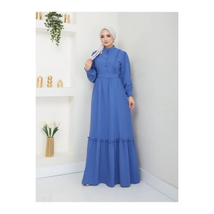 KADIN TESETTÜR DANTELLİ ŞERİT ELBİSE MAVİ