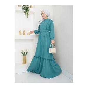 KADIN TESETTÜR DANTELLİ ŞERİT ELBİSE MİNT