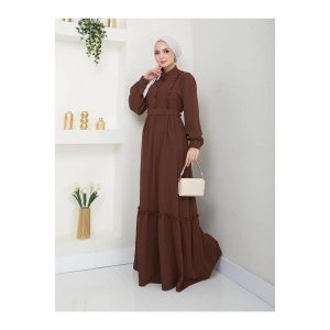 KADIN TESETTÜR DANTELLİ ŞERİT ELBİSE KAHVE