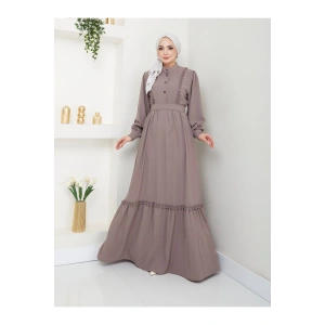 KADIN TESETTÜR DANTELLİ ŞERİT ELBİSE TAŞ