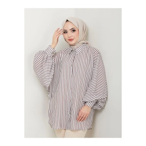 DESENLİ ÇİZGİLİ JESİCA GÖMLEK STANDERT BEDEN UZUN KOL 2506 BEJ