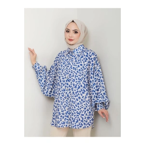 LEOPAR DESENLİ JESİCA GÖMLEK STANDERT BEDEN UZUN KOL 2508 SKAS MAVİ