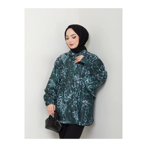 LEOPAR DESENLİ JESİCA GÖMLEK STANDERT BEDEN UZUN KOL 2508 KOYU ZÜMRÜT