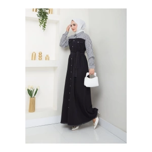 ÇİZİKLİ KOLLARI GÖMLEK DETAYLI KOT ELBİSE TESETTÜR 775 SİYAH