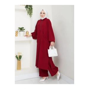 UZUN BOY CEPLE YARI FERMUARLI AYROBİN TESETTÜR TAKIM BÜYÜK BEDEN BORDO 846
