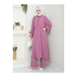 UZUN BOY CEPLE YARI FERMUARLI AYROBİN TESETTÜR TAKIM BÜYÜK BEDEN PEMBE 846