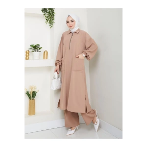 UZUN BOY CEPLE YARI FERMUARLI AYROBİN TESETTÜR TAKIM BÜYÜK BEDEN VİZON 846