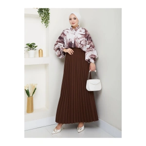 DESENLİ GÖMLEK ETEĞİ PLİSELİ TESETTÜR ETEK TAKIM 7452 KAHVE