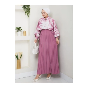 DESENLİ GÖMLEK ETEĞİ PLİSELİ TESETTÜR ETEK TAKIM 7452 PEMBE