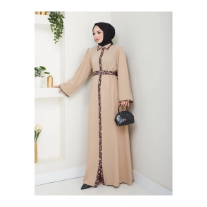 LEOPAR DETAYLI GÖMLEK YAKA ELBİSE LEOPAR KUŞAKLI FULL DÜĞME KAPAMA