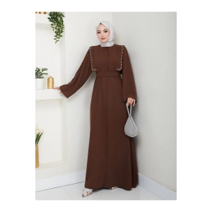 Taşli Abaya Tesettür Giyim Kadin Ferace Elbise Siyah