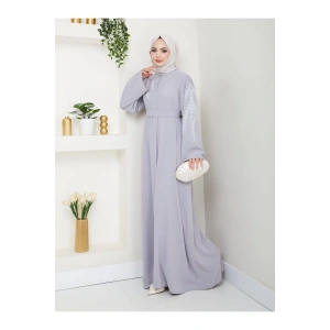 TAŞLİ ABAYA TESETTÜR GIYIM KADIN FERACE ELBISE GRİ