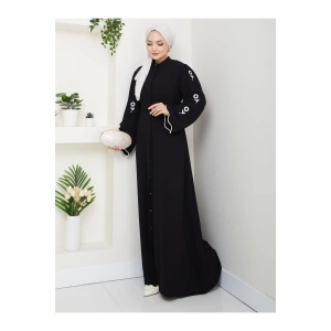 KOLU ÇİÇEK NAKIŞ DETAYLI TESETTÜR KADIN ABİYE ELBİSE SİYAH
