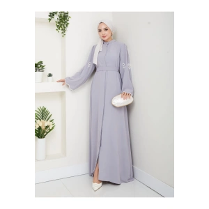 KOLU ÇİÇEK NAKIŞ DETAYLI TESETTÜR KADIN ABİYE ELBİSE GRİ