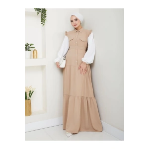 KOLU BEYAZ SALAŞ KADIN TESETTÜR ELBİSE