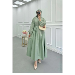 POPLİN KUMAŞ ÖNÜ NERVÜLLÜ BİYELİ ELBİSE MİNT