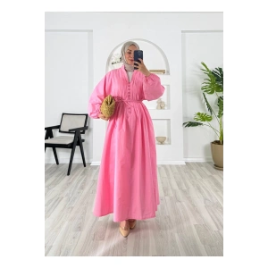 POPLİN KUMAŞ ÖNÜ NERVÜLLÜ BİYELİ ELBİSE PEMBE