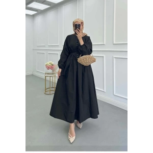 POPLİN KUMAŞ ÖNÜ NERVÜLLÜ BİYELİ ELBİSE SİYAH