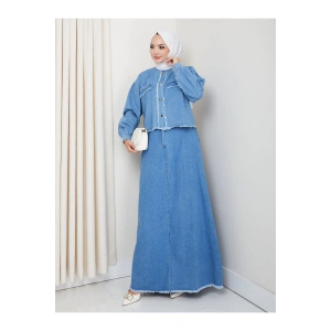 SAÇAKLI DETAYLİ AÇIK KOT TESETTÜR ETEKLİ TAKIM KOT KUMAŞ