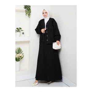 CEKETLI SAÇAKLI DETAYLİ SİYAH KOT TESETTÜR ETEKLİ TAKIM KOT KUMAŞ