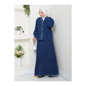 CEKETLI SAÇAKLI DETAYLİ MAVİ KOT TESETTÜR ETEKLİ TAKIM KOT KUMAŞ