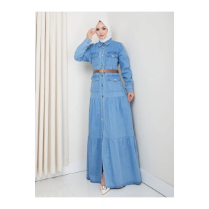 GOLD DÜĞMELİ CEPLI DERİ KEMERLİ AÇIK KOT ELBİSE TESETTÜR