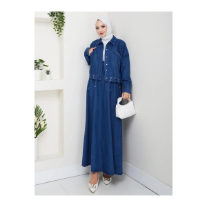 CEPLİ DETAYLİ MAVİ KOT TESETTÜR ETEKLİ TAKIM KOT KUMAŞ