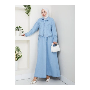 CEPLİ DETAYLİ AÇIK MAVİ KOT TESETTÜR ETEKLİ TAKIM KOT KUMAŞ
