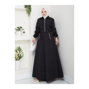 FERMUARLI CEPLİ TRENÇKOT ETEKLİ TAKIM TESETTÜR TAKIM SİYAH