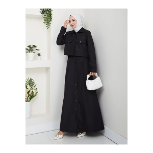 DÜĞMELİ DETAYLI CEPLİ TRENÇKOT ETEKLİ TAKIM TESETTÜR TAKIM SİYAH