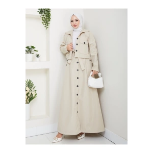 DÜĞMELİ DETAYLI CEPLİ TRENÇKOT ETEKLİ TAKIM TESETTÜR TAKIM KREM
