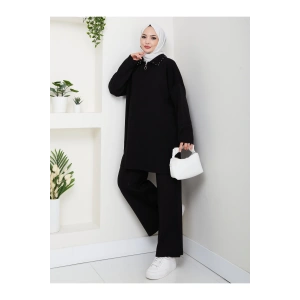 İNCİLİ GÖMLEK FERMUARLI YAKA TRİKO TAKIM SİYAH