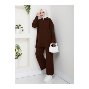 İNCİLİ GÖMLEK FERMUARLI YAKA TRİKO TAKIM KAHVE