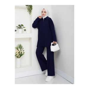 İNCİLİ GÖMLEK FERMUARLI YAKA TRİKO TAKIM LACİVERT