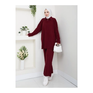 İNCİLİ GÖMLEK FERMUARLI YAKA TRİKO TAKIM BORDO