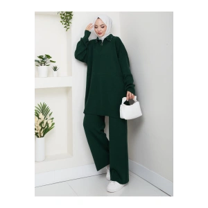 İNCİLİ GÖMLEK FERMUARLI YAKA TRİKO TAKIM ZÜMRÜT