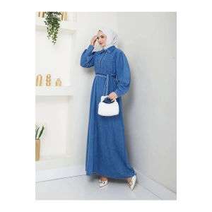 CEOLİ FERMUARLI TESETTÜR MAVİ KOT ELBİSE