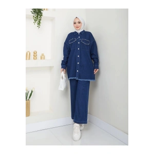 İNCİLİ KAPAKLİ CEP MAVİ KOT TESETTÜR TAKIM